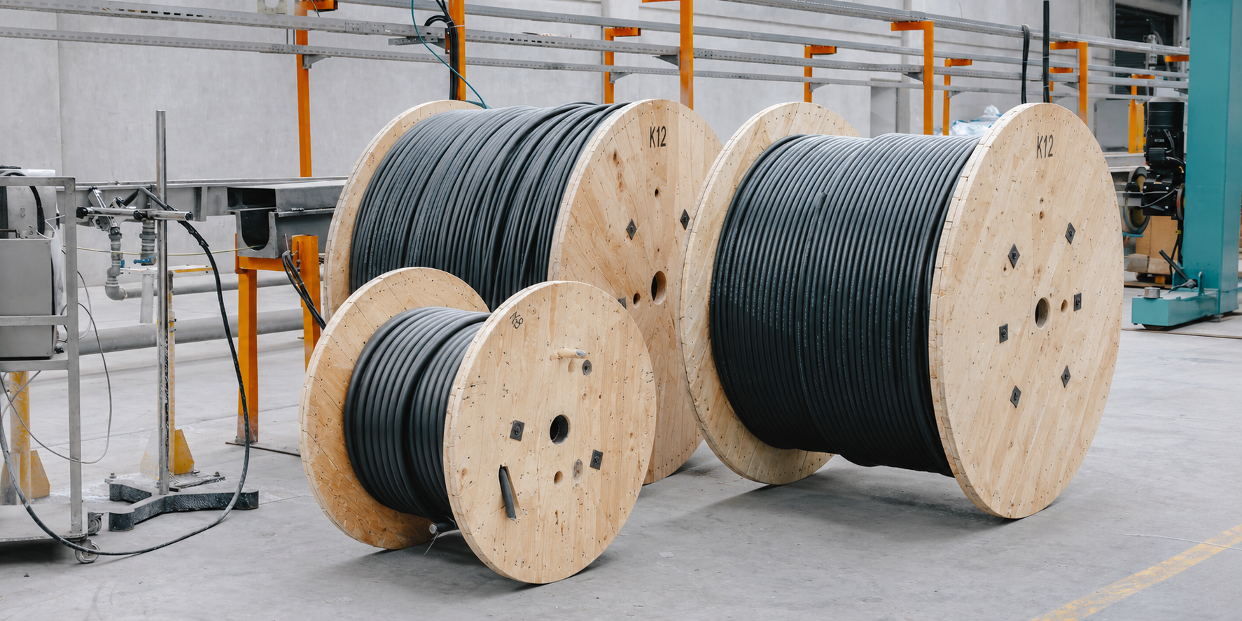 Stacked wooden cable drums